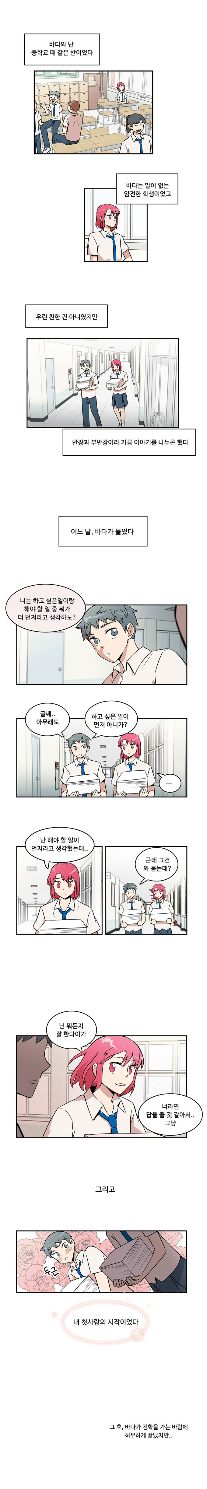 바다와 난 중학교 때 같은 반이었다
                바다는 말이 없는 얌전한 학생이었고
                우린 친한 건 아니였지만
                반장과 부반장이라 가끔 이야기를 나누곤 했다
                어느 날, 바다가 물었다

                바다 : 니는 하고 싶은일이랑 해야 할 일 중 뭐가 더 먼저라고 생각하노?
                민호 : 글세.. 아무래도 하고 싶은 일이 먼저 아니가?

                바다 : ...난 해야 할 일이 먼저라고 생각했는데..
                민호 : 근데 그건 와 묻는데?

                바다 : 닌 뭐든지 잘 한다이가
                바다 : 너라면 답을 줄 것 같아서.. 그냥

                그리고
                내 첫사랑의 시작이었다
                그 후, 바다가 전학을 가는 바람에 허무하게 끝났지만..