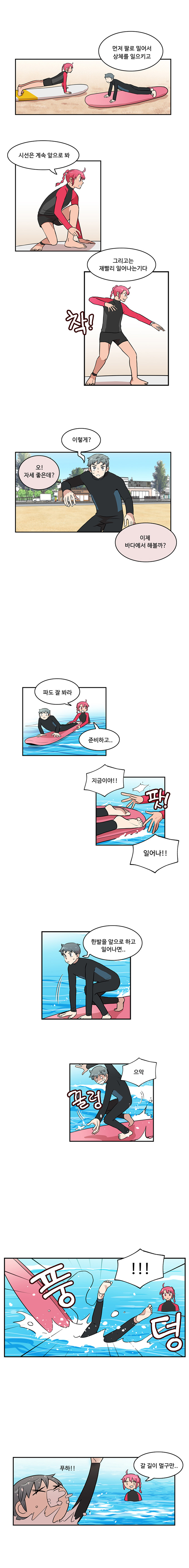 한바다 : 먼저 팔로 밀어서 상체를 일으키고
                한바다 : 시선은 계속 앞으로 봐
                한바다 : (착)그리고는 재빨리 일어나는기다

                나민호 : 이렇게?
                한바다 : 오! 자세좋은데?
                한바다 : 이제 바다에서 해볼까?

                한바다 : 파도 잘 봐라, 준비하고...
                한바다 : 지금이야!!
                한바다 : (팟!)“일어나!!

                나민호 : 한발을 앞으로 하고 일어나면..
                나민호 : (꿀렁)으악!

                (풍덩) ‘!!!’
                나민호 : 푸하!!
                한바다 : 갈 길이 멀구만..