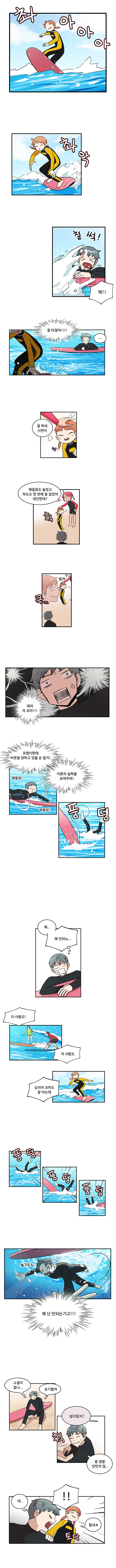 촤아아아아 촤악 철썩!
                나민호 : ‘왁!!’
                나민호 : ‘잘 타잖아!!!!’....

                한바다 : 잘 하네 서연이
                한바다 : 패들링도 늘었고 파도도 한 번에 잘 잡았어 대단한데?
                서연 : (피식)쿡

                나민호 : ‘뭐야 저 꼬마!!!’
                나민호 : ‘꼬맹이한테 비웃음 당하고 있을 순 없지!’
                나민호 : ‘어른의 실력을 보여주마!’
                (패들링 패들링) 풍덩

                나민호 : ‘왜... 왜 안되노...’
                나민호 : (이 사람도! 저 사람도, 심지어 꼬마도 잘 타는데)

                풍덩 풍덩 풍덩
                뽀그르르
                나민호 : ‘난 왜 안되는 기고!!!’

                나민호 : ‘소질이 없나... 포기할까’
                한바다 : 쉽지않지?
                나민호 : “응 정말 만만치 않..
                나민호 : 네..  (!!!)
                서연 : (토닥)힘내ㅎ