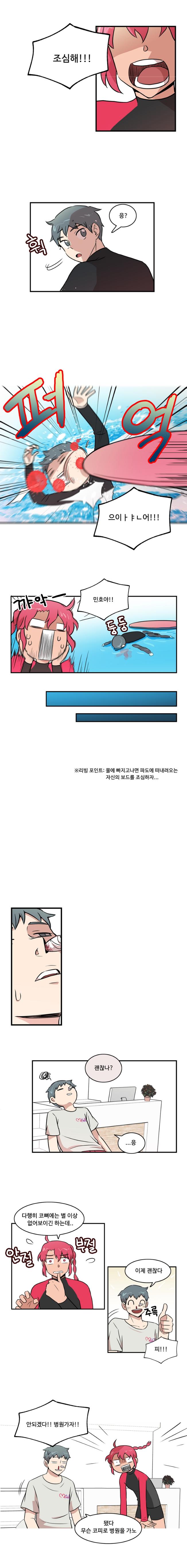 한바다 : 조심해!!!
                나민호 : 응? (휙)

                (퍼 억)
                나민호 : 으이ㅏㅑㄴ어!!!

                한바다 : 꺄악~ 민호야!!!
                (둥 둥)
                ※리빙 포인트 : 물에 빠지고나면 파도에 떠내려오는 자신의 보드를 조심하자...

                한바다 : 괜찮나?
                나민호 : ...응

                한바다 : 다행히 코뼈에는 별 이상 없어보이긴 하는데..(안절부절)
                나민호 : 이제 괜찮다 (주륵)
                한바다 : 피!!

                한바다 : 안되겠다!! 병원가자!!
                나민호 : 됐다 무슨 코피로 병원을 가노