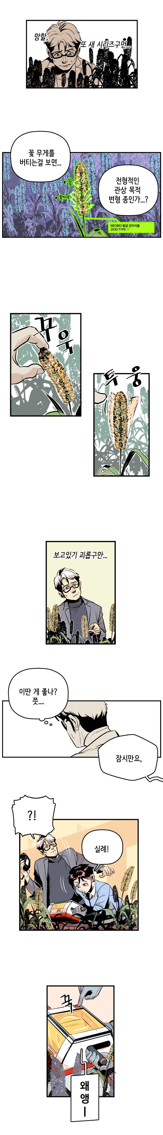 최충만박사 : 망할, 또 새 시리즈구먼... 꽃 무게를 버티는걸 보면... 전형적인 관상 목적 변형 종인가...? 
                꽃, 꽃이삭, NEOBIO 황금 강아지풀 2030 TYPE. 꾸욱. 투웅(만져본다)  최충만박사 : 보고있기 괴롭구만... (이딴 게 좋나? 쯧....) 
                형사 : 잠시만요, 최충만박사 : ?! 형사 : 실례! 꾹. 왜앵~. 