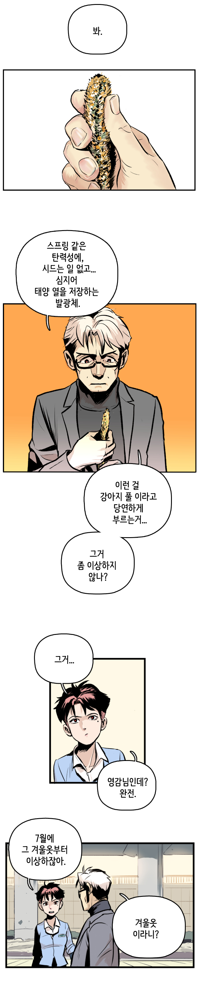 최충만박사 : 봐. 스프링 같은 탄성력에, 시드는 일 없고... 심지어 태양 열을 저장하는 발광체. 이런걸 강아지 풀이라고 당연하게 부르는거... 그거 좀 이상하지 않나? 
                형사 : 그거... 영감님인데? 완전. 7월에 그 겨울옷부터 이상하잖아. 최충만박사 : 겨울옷이라니?