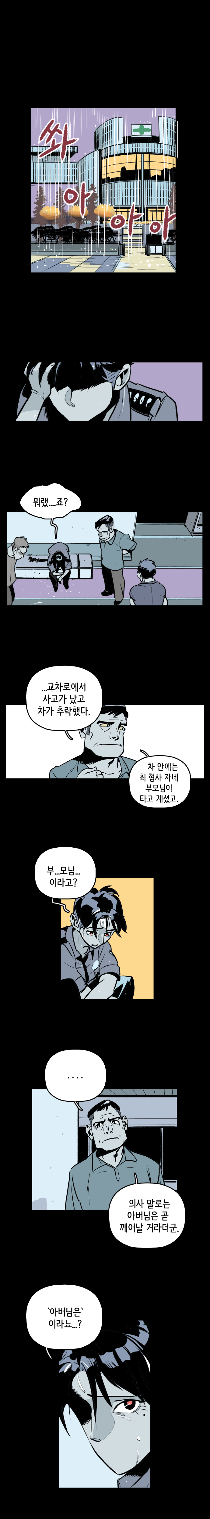 쏴아아아 (병원안) 강주형사 : 뭐랬...죠? 팀장 : ...교차로에서 사고가 났고 차가 추락했다. 차 안에는 최 형사 자네 부모님이 타고 계셨고. 
                강주형사 : 부...모님...이라고? 팀장 : ... 의사 말로는 아버님은 곧 깨어날 거라더군. 강주형사 : 아버님은 이라뇨...?