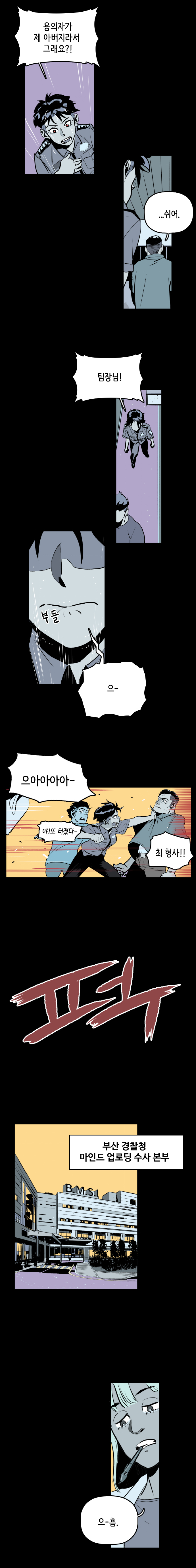 강주형사 : 용의자가 제 아버지라서 그래요?! 팀장 : ... 쉬어. 강주형사 : 팀장님! 부들 으- 으아아아아- 
                동료형사 : 야!또 터졌다- 최 형사!! 퍽 
                부산 경찰청 마인드 업로딩 수사 본부
                으-흠.