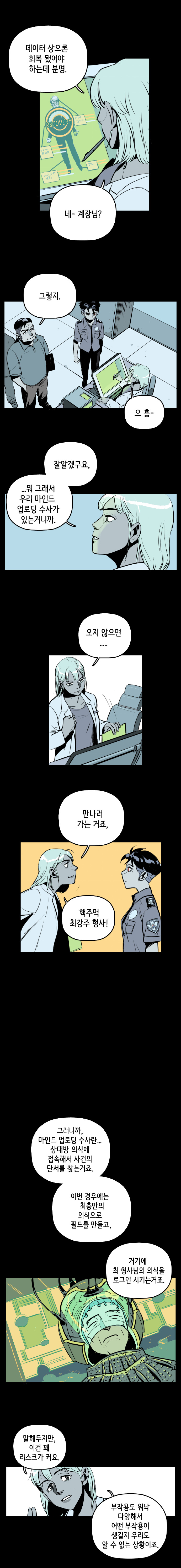 마인드수사연구원 : 데이터 상으론 회복 됐어야 하는데 분명. 네- 계장님? 
                계장 : 그렇지. 
                마인드수사연구원 : 으 흠- 잘 알겠구요, ...뭐 그래서 우리 마인드 업로딩 수사가 있는거니까. 오지 않으면... 만나러 가는 거죠, 핵주먹 최강주 형사! 
                그러니까, 마인드 업로딩 수사란... 상대방 의식에 접속해서 사건의 단서를 찾는거죠. 이번 경우에는 최충만의 의식으로 필드를 만들고, 거기에 최 형사님의 의식을 로그인 시키는거죠. 말해두지만, 이건 꽤 리스크가 커요. 부작용도 워낙 다양해서 어떤 부작용이 생길지 우리도 알 수 없는 상황이죠.