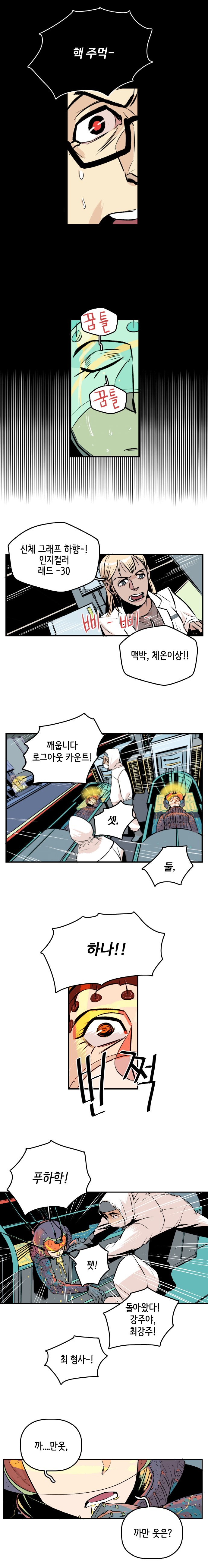 최충만박사 : 핵 주먹- 꿈틀꿈틀 마인드수사연구원 : 신체 그래프 하향-! 인지컬러 레드-30 삐-삐- 맥박, 체온이상!! 깨웁니다 로그아웃 카운트 셋, 둘, 하나!! 번쩍 
                푸하학! 펫! 
                동료들 : 돌아왔다! 강주야, 최강주! 최 형사-! 
                강주형사 : 까...만옷, 까만 옷은? 