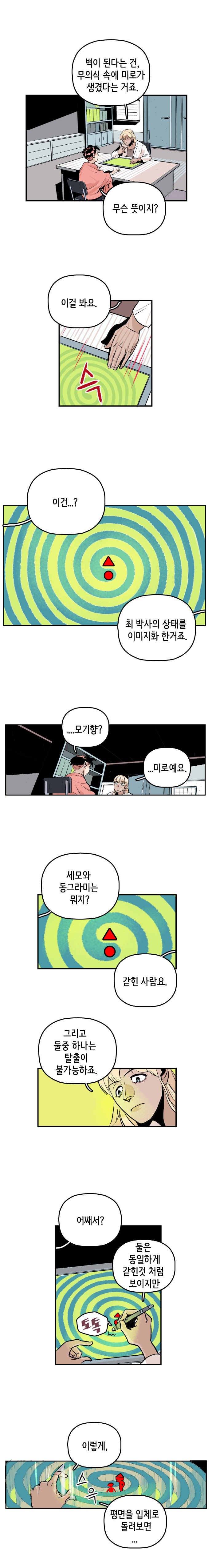 마인드수사연구원 : 벽이 된다는 건, 무의식 속에 미로가 생겼다는 거죠. 강주형사 : 무슨 뜻이지? 이걸 봐요. 슥 강주형사 : 이건...? 
                마인드수사연구원 : 최 박사의 상태를 이미지화 한거죠. 강주형사 : ...모기향? 마인드수사연구원 : ...미로예요. 
                강주형사 : 세모와 동그라미는 뭐지? 마인드수사연구원 : 갇힌 사람요. 그리고 둘중 하나는 탈출이 불가능하죠. 강주형사 : 어째서? 
                마인드수사연구원 : 둘은 동일하게 갇힌것 처럼 보이지만 (토톡) 이렇게, 평면을 입체로 돌려보면...