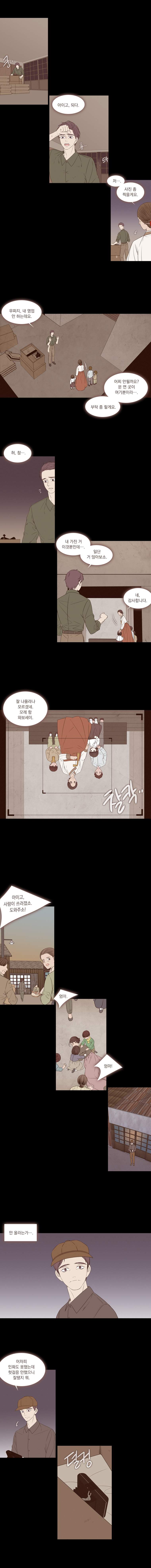 (과거 회상 - 진우사진관)

                (쿵, 휴.... 드륵)
                해주 할아버지 : 아이고 되다.
                아주머니 : 저.. 사진 좀 찍을게요.
                해주 할아버지 : 우짜지, 내 영업 안 하는데요.
                아주머니 : 어찌 안 될까요? 문 연 곳이 여기 뿐이라... 부탁 좀 할게요.
                해주 할아버지 : 허, 참......
                해주 할아버지 : 내 가진 거 이것뿐인데.... 일단 거 앉아보소.
                아주머니 : 네, 감사합니다.
                (찰칵)
                해주 할아버지 : 잘 나올라나 모르겠네. 모레 함 와보이소.
                행인 : 아이고, 사람이 쓰려졌소. 도와주소!
                아이들 : 엄마, 엄마!
                해주 할아버지 : (안 올라는가.....)
                해주 할아버지 : 어차피 인화도 못했는데 헛걸음 안했으니 잘 됐지 뭐.
                (덜컹)