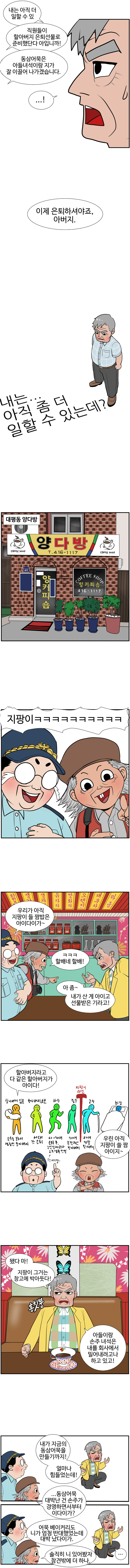 동삼 : 내는 아직 더 일 할 수 있.
                손자 : 직원들이 할아버지 은퇴선물로 준비했단다 아입니까! 
                아들 : 동삼어묵은 아들녀석이랑 지가 잘 이끌어 나가겠습니다.
                동삼 : ...!
                아들 : 이제 은퇴하셔야죠, 아버지. 
                
                (내는... 아직 좀 더 일할 수 있는데?) 
                대평동 양다방. 
                
                대교,영선 : 지팡이ㅋㅋㅋㅋㅋㅋㅋㅋㅋㅋ. 
                대교 : 우리가 아직 지팡이 들 짬밥은 아이다이가~.
                영선 : ㅋㅋㅋ할배네 할배! 
                동삼 : 아 좀~. 내가 산 게 아이고 선물받은 기라고! 
                대교 : 할아버지라고 다 같은 할아버지가 아이다!. 
                할아버지 입문 - 손주를 봐서 명칭만 할아버지. 
                할아버지 초보 - 60대 갓 은퇴. 
                하수 - 60~70대 은퇴 후, 노인 일자리나 노후생활 만끽(우린 여기쯤!). 
                중수 - 70대 본격적인 할아버지.
                지팡이 라인. 
                고수 - 80대 정말 할아버지. 
                최강. 
                영선 : 우린 아직 지팡이 쓸 짬 아이지~. 
                동삼 : 됐다 마! 지팡이 그거는 창고에 박아둣다! (흥칫뿡)
                동삼 : 아들이랑 손주 녀석은 내를 회사에서 밀어내려고나 하고있고! 
                동삼 : 내가 지금의 동삼어묵을 만들기까지! 얼마나 힘들었는데!
                영선 : ...동삼어묵 대박난 건 손주가 경영하면서 부터 이다이가?
                대교 : 어묵 베이커리도 니가 엄청 반대했었는데 대박 났다이가.
                영선 : 솔직히 니 있어봤자 참견밖에 더 하나. 
                동삼 : ...