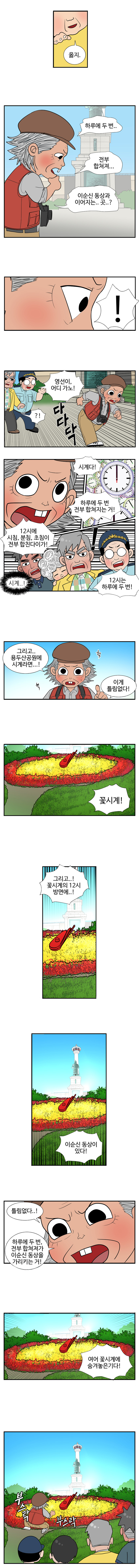 할머니 : 옳지. 
                영선 : 하루에 두번.. 전부 합쳐져.. 이순신 동상과 이어지는.. 곳?.. !  
                대교 : 영선이, 어디 가노! 
                다다닥 
                동삼 : ?! 
                영선 : 시계다! 하루에 두 번 전부 합쳐지는 거! 12시에 시침, 분침, 초침이 전부 합친다이가! 
                시계..! 
                영선 : 12시는 하루에 두 번! 그리고.. 용두산 공원에 시계라면..! (헉헉) 이게 틀림없다! 꽃시계! 그리고..! 꽃시계의 12시 방면에..! 
                이순신 동상이 있다! 틀림없다..! 하루에 두 번, 전부 합쳐져가 이순신 동상을 가리키는 거! 여어 꽃시계에 숨겨놓은거다! (부스락 부스락:불로초 찾는 중)