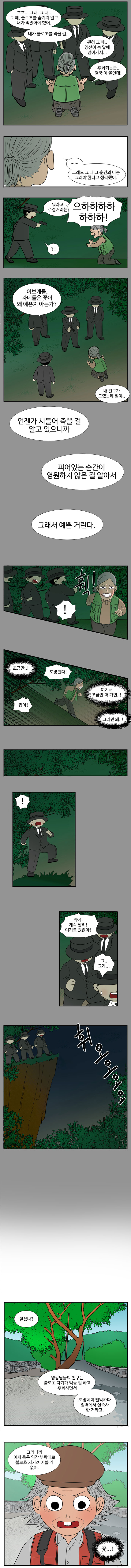 청학 : 흐흐.. 그래 그때 ..그 때, 불로초를 숨기지 말고 내가 먹었어야 했어. 내가 불로초를 먹을 걸.. 괜히 그 때.. 영선이 놈 말에 넘어가서.. 후회되는 군.. 결국 이 꼴인데!
                 ... 그래도 그 때 그 순간의 나는 그래야 한다고 생각했어. 
                 사냥꾼 : 뭐라고 주절거리는 
                 청학 : 으하하하하하! 
                 사냥꾼 : ?! 
                 청학 : 이보게들, 자네들은 꽃이 왜 예쁜지 아는가? 내 친구가 그랬는데 말야.. 언젠가 시들어 죽을 걸 알고 있으니까 피어있는 순간이 영원하지 않은 걸 알아서  그래서 예쁜 거란다.
                 (훽!) 
                 사냥꾼 : ! 도망친다! 잡아!
                 
                 조금만..! 여기서 조금만 더 가면..! 그러면 돼..!! 
                 사냥꾼 : ! 뭐야! 계속 달려! 여기로 갔잖아! 그,,그게! (휘오오오) 
                 
                 (다시 현시점)
                 사냥꾼 : 알겠나? 영감님들의 친구는 불로초 자기가 먹을 걸 하고 후회하면서 도망치며 발악하다 절벽에서 실족사한 거라고. 그러니까 이제 죽은 영감 부탁대로 불로초 지키려 애쓸 거 없어. 
                 영선 : (꽃..!)
