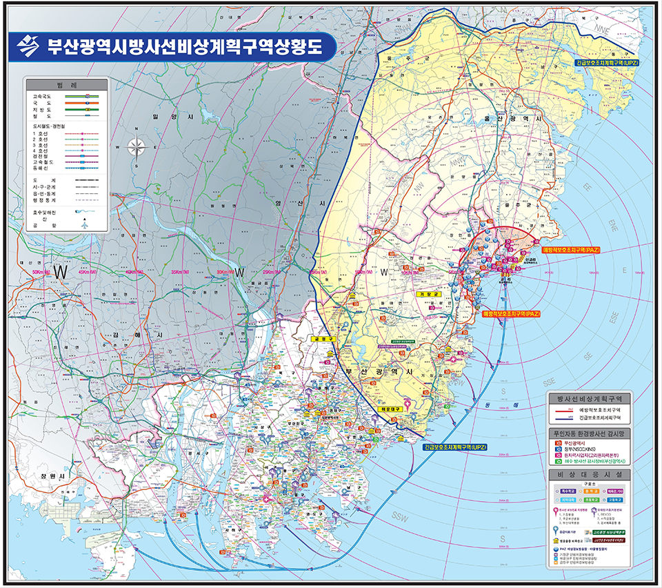 방사선비상계획구역 상황도이미지 : paz구역, upz구역 표시
