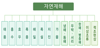 [그림 1] 자연재난은 태풍, 홍수, 호우, 폭풍, 해일, 폭설, 지진, 가뭄, 냉해동해, 우박서리, 한해병충해, 이상조류, 적조현상으로 분류된다. 