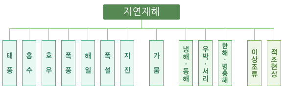 [그림 1] 자연재난은 태풍, 홍수, 호우, 폭풍, 해일, 폭설, 지진, 가뭄, 냉해동해, 우박서리, 한해병충해, 이상조류, 적조현상으로 분류된다.