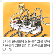 하나의 콘센트에 많은 플러그를 꽂아 사용하게 되면 전기의 과부하로 불이 납니다.