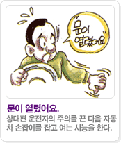 문이 열렸어요:상대편 운전자의 주의를 끈 다음 자동차 손잡이를 잡고 여는 시늉을 한다.