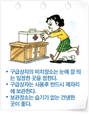 _ 구급상자의 비치장소는 눈에 잘 띄는 일정한 곳을 정한다. 
_ 구급상자는 사용후 반드시 제자리에 보관한다.
_ 보관장소는 습기가 없는 건냉한 곳이 좋다.