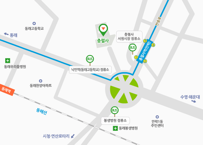 충렬사역(안락)지하철역 1번출구 앞 충렬사 서원시장 버스정류소, 낙민역(동래고등학교) 정류소, 시청·연산로타리방면 봉생병원 정류소, 충렬사를 표시한 이미지