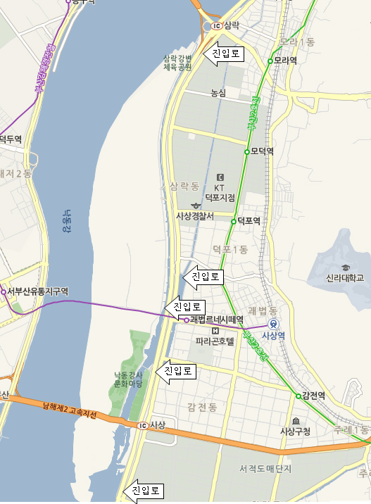 삼락생태공원 진입로사진 : 삼락생태공원을 찾아오시는 길의 자세한 설명은 아래와 같습니다.