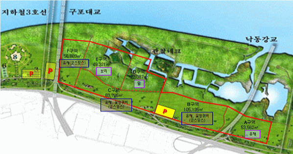 A구역 53,562㎡ 유채, B구역 105,135㎡ 유채/ 꽃양귀비(코스모스), 주차장, C구역 83,706㎡ 유채, 꽃양귀비(코스모스), D구역 22,387㎡ 밀, E구역 49,321㎡ 보리, F구역 56,889㎡ 유채(코스모스)