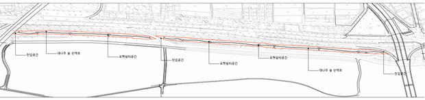 진입공간, 대나무 숲 산책로, 포켓쉼터공간, 진입공간, 포켓쉼터공간, 포켓쉼터공간,대나무 숲 산책로 순으로 이어져 있습니다. 