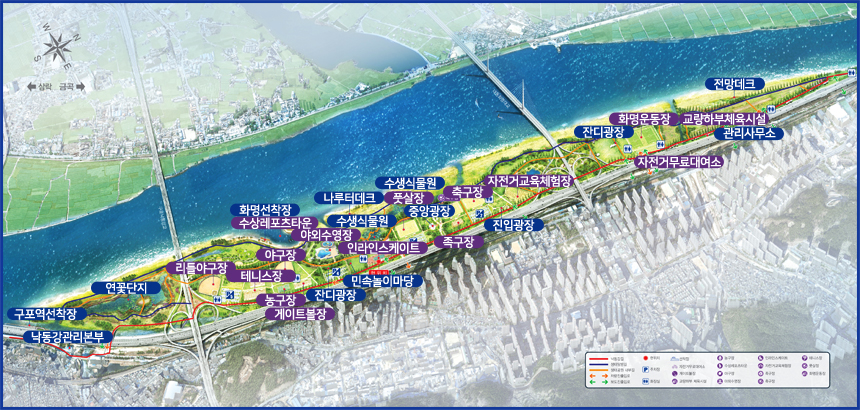 화명생태공원 안내 사진 : 화명생태공원에는 제2낙동대교를 기준으로 연꽃단지, 리틀야구장, 테니스장, 자전거도로, 야구장, 농구장, 요트계류장, 화명야외수영장, 게이트볼장, 샛강, 산책로, 초화원, 인라인 스테이트장, 풋살장, 중앙광장, 축구장2, 축구장1, 족구장, 진입광장, 화명운동장 등이 있다.