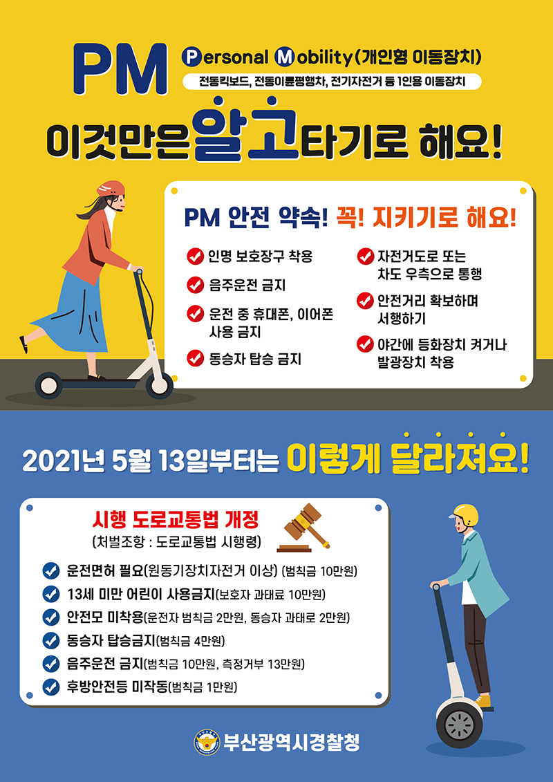 PM Personal Mobility(개인형 이동장치)
       전동킥보드, 전동이륜평행차, 전기자전거 등 1인용 이동장치
       이것만은 알고 타기로 해요!
       PM 안전 약속! 꼭! 지키기로 해요!
       - 인명 보호장구 착용
       - 음주운전 금지
       - 운전 중 휴대폰, 이어폰 사용 금지
       - 동승자 탑승 금지
       - 자전거도로 또는 차도 우측으로 통행
       - 안전거리 확보하며 서행하기
       - 야간에 등화장치 켜거나 발광장치 착용
       
       2021년 5월 13일부터는 이렇게 달라져요!
       시행 도로교통법 개정(처벌조항 : 도로교통법 시행령)
       - 운전면허 필요(원동기장치자전거 이상)(범칙금 10만원)
       - 13세 미만 어린이 사용금지(보호자 과태료 10만원)
       - 안전모 미착용(운전자 범칙금 2만원, 동승자 과태료 2만원)
       - 동승자 탑승금지(범칙금 4만원)
       - 음주운전 금지(범칙금 10만원, 측정거부 13만원)
       - 후방안전등 미작동(범칙금 1만원)
       부산광역시경찰청