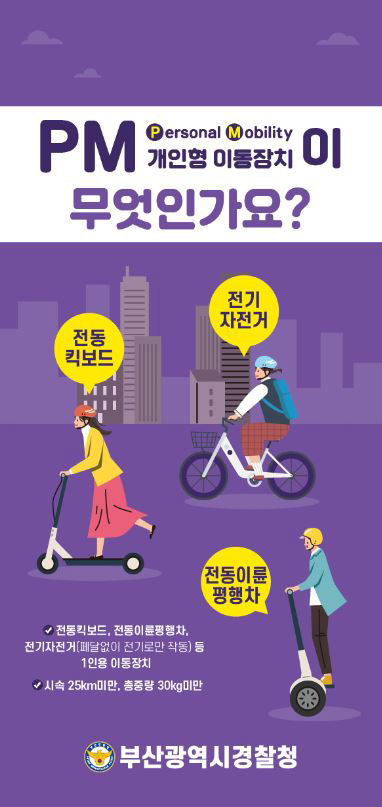 PM Personal Mobility(개인형 이동장치)이 무엇인가요?
       전동킥보드, 전동이륜평행차, 전기자전거(폐달없이 전기로만 작동) 등 1인용 이동장치
       시속 25㎞ 미만, 총중량 30kg 미만
       부산광역시경찰청