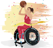 여자선수가 휠체어에 앉아 농구공을 위로 들고 있는 삽화