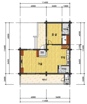1층: 침실, 주방, 거실, 화장실, 테라스, 현관