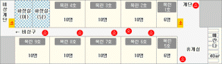 2층배치도: 통로를 기준으로 위에는 좌로부터 비상계단, 화장실, 4개의 방, 계단이 있고 통로를 기준으로 아래에는 5개의 방, 휴게실, 베란다가 있습니다.