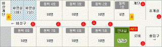 1층배치도: 통로를 기준으로 위에는 좌로부터 비상계단, 화장실, 4개의 방, 계단, 휴게실이 있고 통로를 기준으로 아래에는 5개의 방, 안내실, 로비, 출입구가 있습니다.