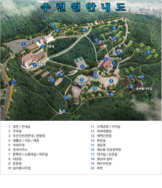 수련원 시설은 정문/안내실, 주차장, 부산시민천문대/전망대, 생활관/식당/매점, 야외무대, 관리사무소, 소회의실/의무실, 대강당, 운동장, 숲속통나무집, 도예공방/가마실, 전통문화체험장, 체력단련장, 화장실, 청운정, 해오름 인공암벽장, 대기실/보관실, 명상의 쉼터, 배드민턴장, 후문이 있습니다.