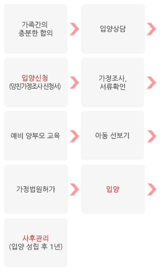 가족간의 충분한 합의➜입양상담➜입양신청(양친가정조사 신청서)➜가정조사, 서류확인➜예비 양부모 교육➜아동 선보기➜입양➜사후관리(입양 성립 후 1년)